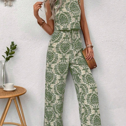 Printed Waist Cinching Casual Straight Leg Pants Set