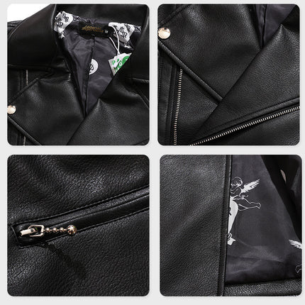 Mens Leather Letter Zipper Print Jacket