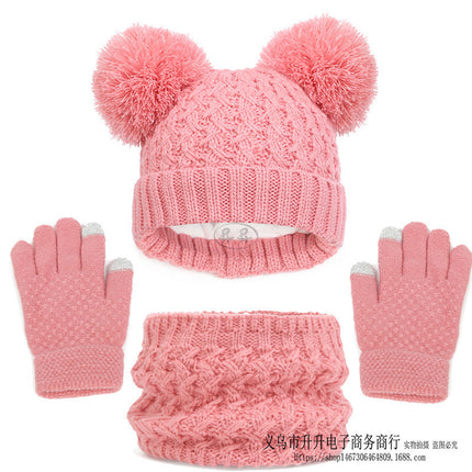 Children's Autumn And Winter Fleece-lined Thickened Double Ball Hat Scarf Gloves Three-piece Set