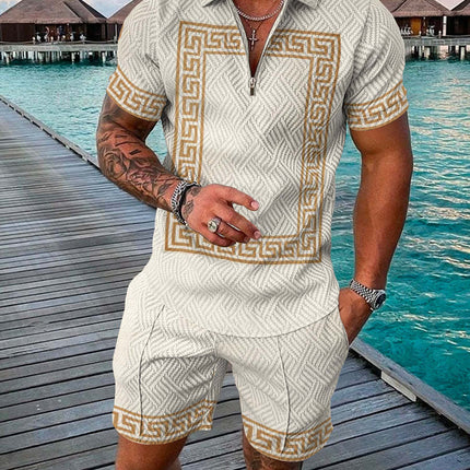 Men's Summer Fashion 3D Printed Short Sleeve Geometric Zip Lapel Shirt Set