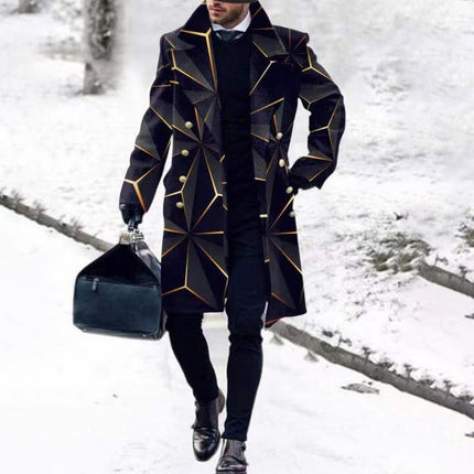 Casual Geometric Printing Trench Collar Double Breasted Black Coat