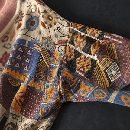 Women's Vintage Printed Cotton Knitted Sweater Round Neck