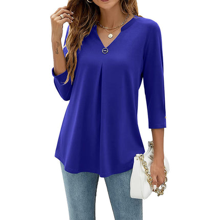 Casual And Comfortable Solid Color And V-neck Clinch Loose Three-quarter-length-sleeved T-shirt Top For Women