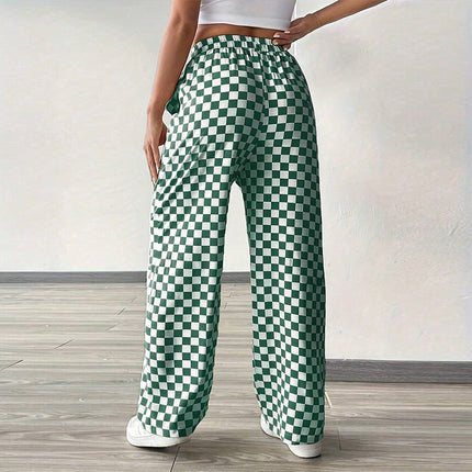 Chessboard Plaid Straight Polyester Wide-leg Pants