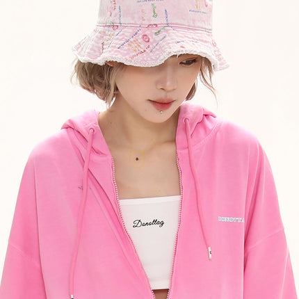 Handmade Raw Edges All Over Print Color Denim Bucket Hat Versatile