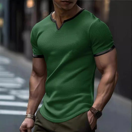 Color-block V Neck Outdoor Sports Waffle T-shirt