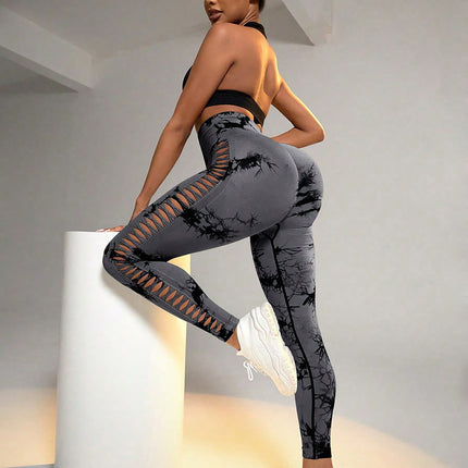 Cut Out Side Hollow Tie Dyed Yoga Pants, High Waist And Hip Lifting Fitness Pants With Side Hollow Seamless Sports Tights, Workout Gym Yoga Pants Scrunch Butt Lift Tights