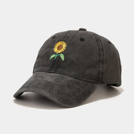 Washed-out Vintage SUNFLOWER Embroidered Peaked Cap Outdoor Travel