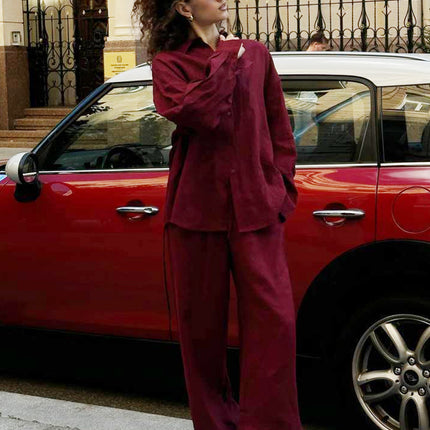 Women's Solid Color Loose Shirt Trousers Suit
