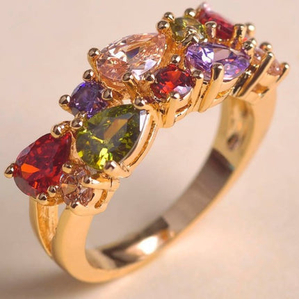 European And American Luxury Stylish Water Drop Color Zircon Ring