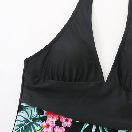 Multicolor Printing Deep V Big Chest Halter Backless One Piece Swimsuit