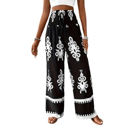 Women's 3D Pattern Lace-up Casual High Waist Print Wide-leg Pants