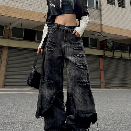 High Street Distressed Cargo Jeans Wide Leg Trousers