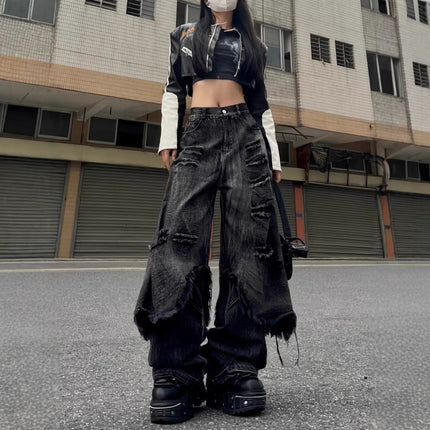 High Street Distressed Cargo Jeans Wide Leg Trousers
