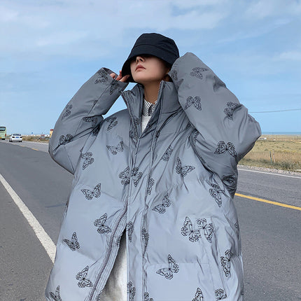 Men's Stand Collar Reflective Print Cotton Jacket