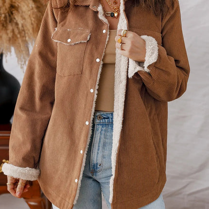 Cinnamon Fleece Lined Buttoned Flap Pockets Corduroy Jacket