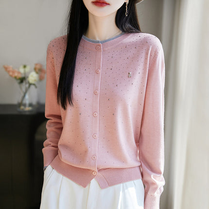 Wool Bear Rhinestone Cardigan Round Neck Long Sleeve Top