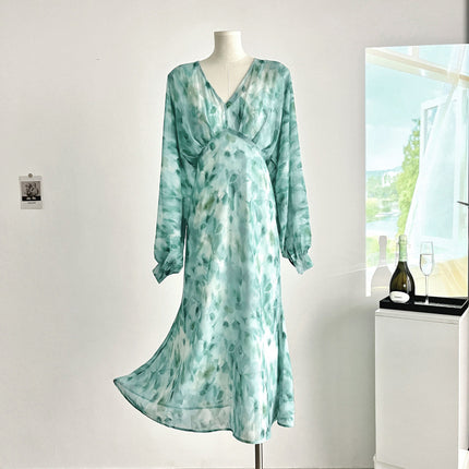 Full Of Green Watercolor Blooming V-neck Printed Oblique Cut Dress Elegant Graceful Dress