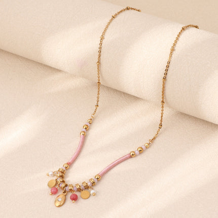 Natural Stone Beaded Necklace Color Handmade Winding Titanium Steel Clavicle Chain