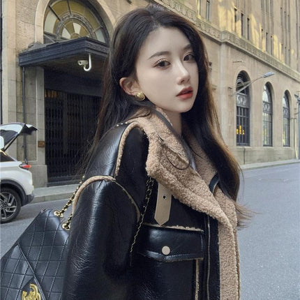 Lamb Wool Motorcycle Jacket Loose And Thick Contrast Color