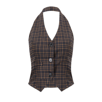 Vintage Plaid Cardigan Button Halterneck Vest Top