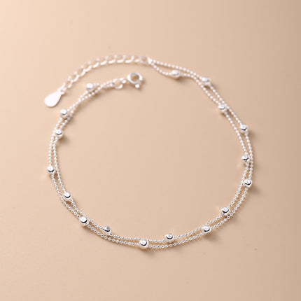 925 Sterling Silver Interval Round Beads Double-circle Anklet Female