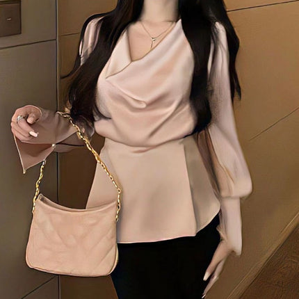 High-end Irregular Bell Sleeve Waist-tight Graceful Satin Long Sleeve Shirt