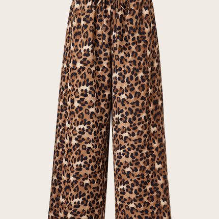 Women's Plus Size Leopard Print Wide Leg Pants - Elastic Waist, Loose Fit Casual Straight Leg Trousers For Spring Summer Fall, Lightweight Polyester Blend, Perfect For Beach Or Outdoor Outings