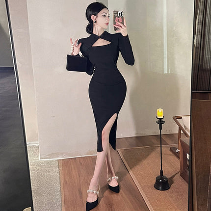 European And American Sexy Hot Girl Long Sleeve Hollow-out Cinched Split Hip Dress