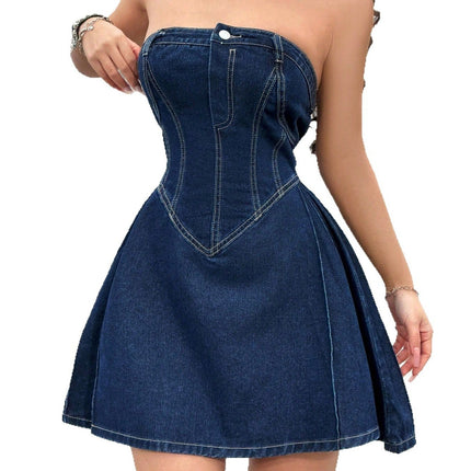 Women's Summer Off-shoulder Low Collar Sexy Fishbone Waist Tight Denim Dress Strapless Sexy Dress Trend Skinny Hipster Party Clubwear Y2K Bodycon