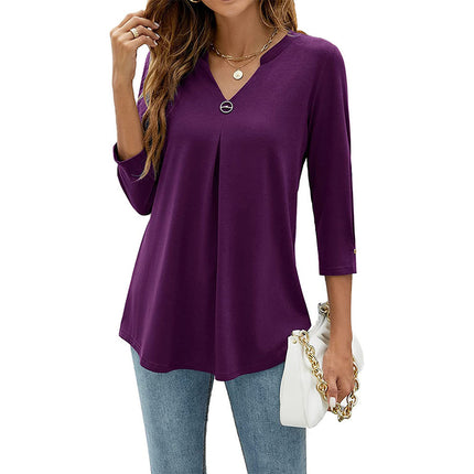 Casual And Comfortable Solid Color And V-neck Clinch Loose Three-quarter-length-sleeved T-shirt Top For Women