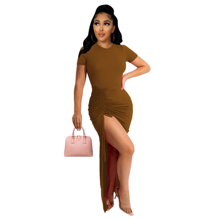 Women's Knit Pit Fabric Drawstring Short Sleeve Dress