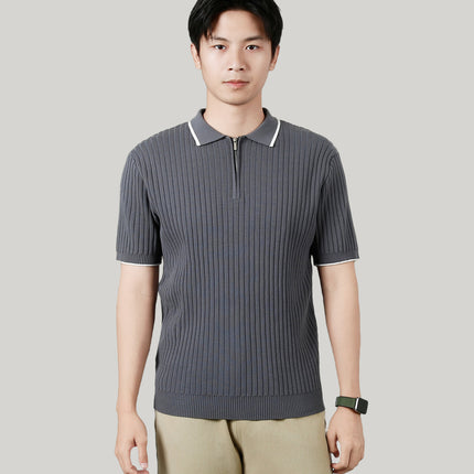 Men's Half-zip Ice Silk Knitted Lapel Vertical Striped Top