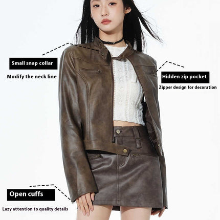 Short Leather Jacket Slim Brown Jacket Motorcycle Jacket