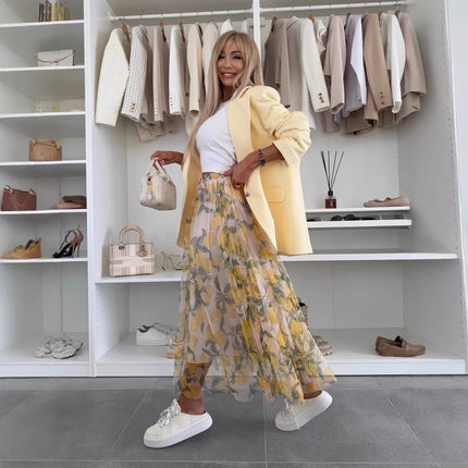 Summer New Mesh Lemon Printing Elastic Waist Large Swing Casual Skirt Women