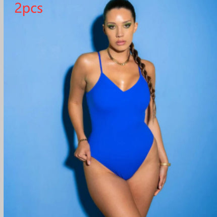 Summer Bikini Backless String Large Size Sexy Solid Color Triangle One-piece Swimsuit Womens Clothing 2pcs
