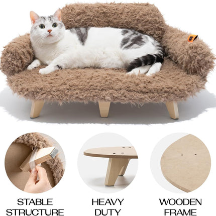 MEWOOFUN Elevated Cat Bed With Washable Cover - 26x18.3x8.5 Inch Wooden Pet Sofa For Cats & Small Medium Dogs, Modern Pet Furniture Brown