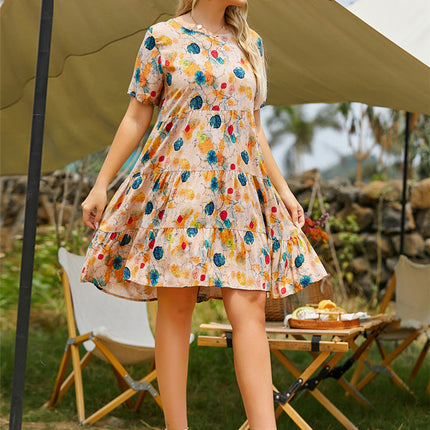 Casual Round Neck Short-sleeved Printed Multi-layer Splicing Large Hem Dress