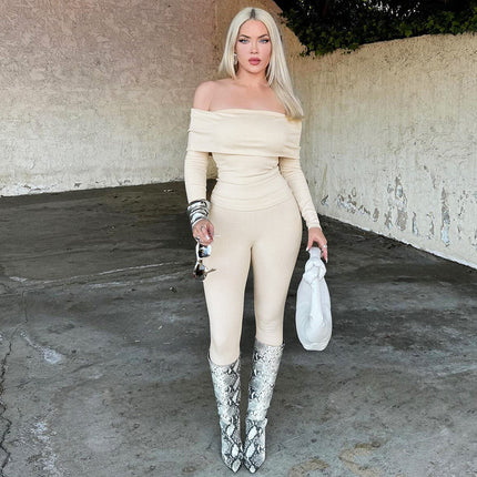 European And American Solid Color Rib Long Sleeve Off-shoulder Slim Trousers Two-piece Set