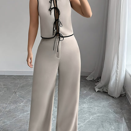 Shirt With Bow Tie Beige Wide Leg Pants Suit
