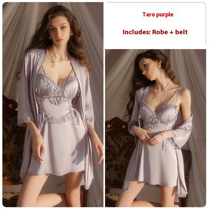 Deep V-neck Backless Sexy Chest Pad Nightdress Outerwear Gown Homewear Suit
