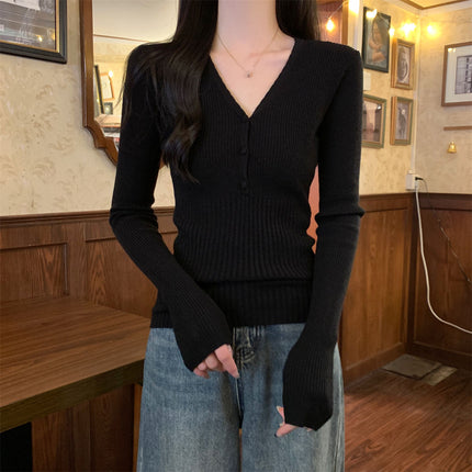 Waist-tight Slimming V-neckline Long-sleeved Women's Temperament Commute Pure Sweater