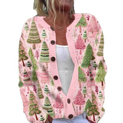 Cardigan Sweater Coat Single Row Button Sweater Printing