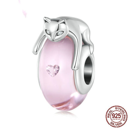 925 Sterling Silver Glass Cat Beaded Bracelet