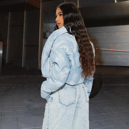 Quilted Scarf Stand Collar Pocket Long Sleeve Blooming Color Matching Short Cotton-padded Coat Coat For Women