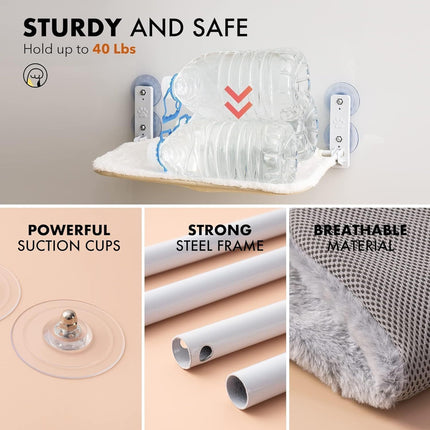 MEWOOFUN Large Cat Window Perch - Foldable 60x30cm Hammock With 18kg Suction Cups & Washable Cover For Indoor Cats Grey