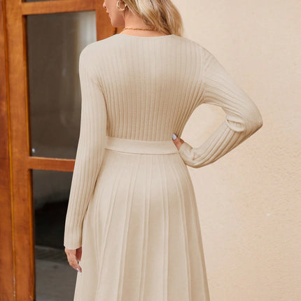 Women's Wrap A-Line Knit Dress Long Sleeve