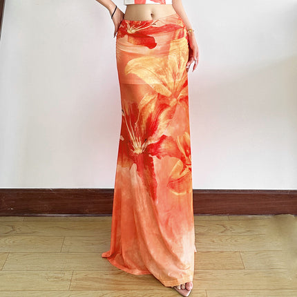 Vacation Style Printed Semi See-through High Waist Slim Skirt