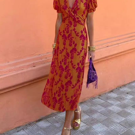 Summer V-neck Short-sleeved Dress Fashion Flowers Printed Slim Beach Dresses For Women Clothing