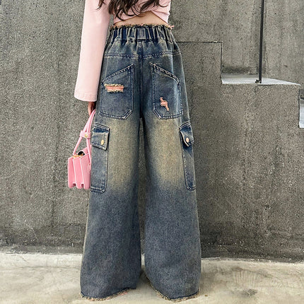 Girls' Fashionable Gradually Varied Pink Broken Holes Pants